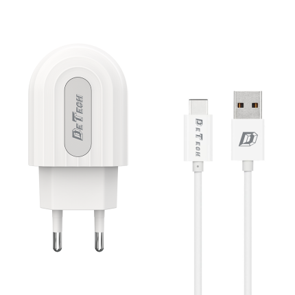 Φορτιστής δικτύου, DeTech, DE-28C, 5V/2.4A, 220V, Universal, 1 x USB, καλώδιο Type-C, 1.0m, λευκό - 14135