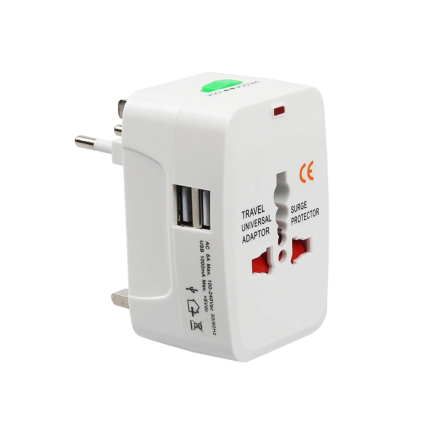 Universal travel adapter - charger No brand, 2xUSB, 1.0A, EU/US/UK/AU to EU/US/UK/AU, 220V, White - 17708