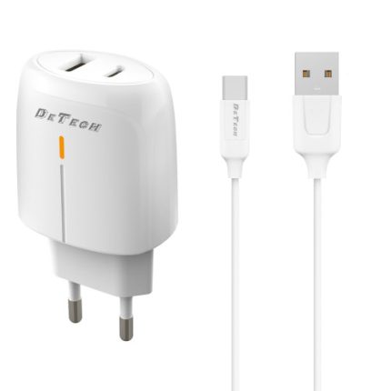 Φορτιστής δικτύου DeTech DE-31C, 20W, καλώδιο Type-C, 1 x Type-C F, 1 x USB F, PD, λευκό - 40321