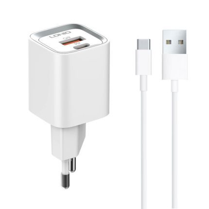 Φορτιστής δικτύου LDNIO A2318C, 20W, 1 x Type-C F, 1 x USB F, PD, QC, Καλώδιο Type-C, λευκό - 40291